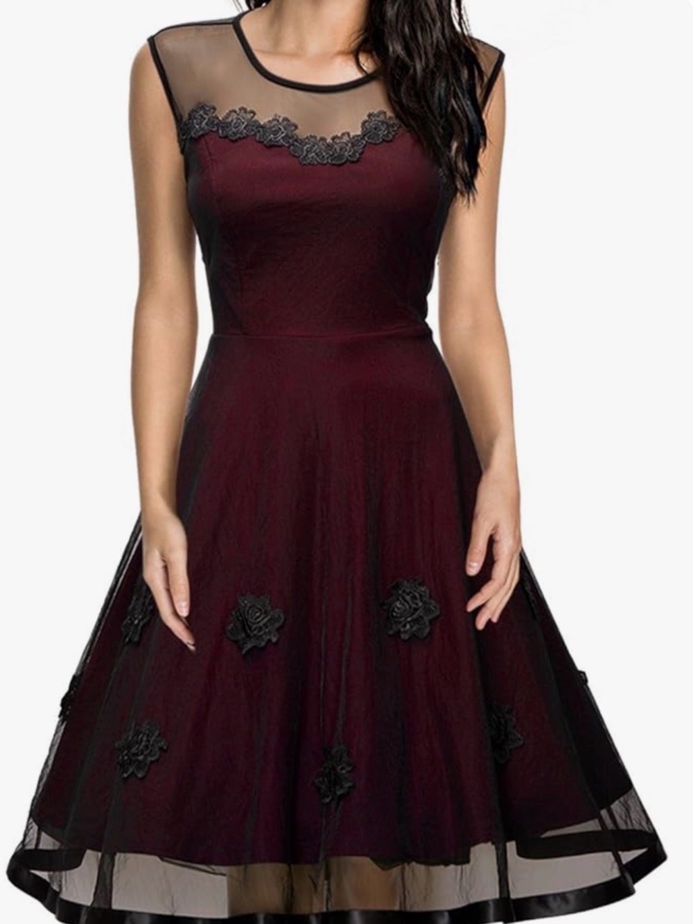 Women's Burgundy Midi Dress with Black Lace Appliqué